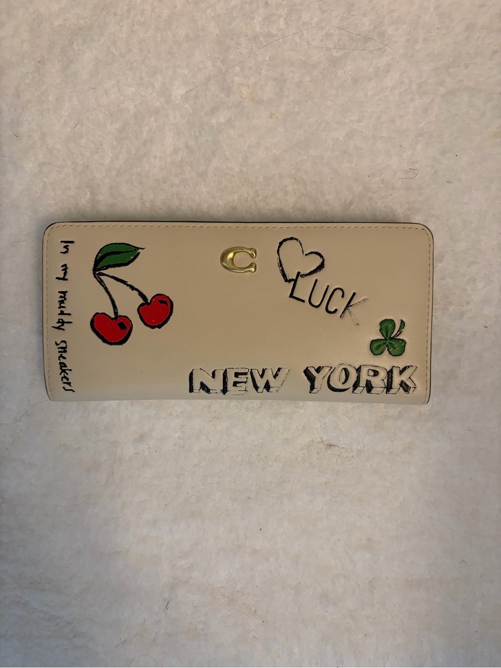 Coach Beige Painted Leather Continental Wallet with Cherry and Clover Motifs